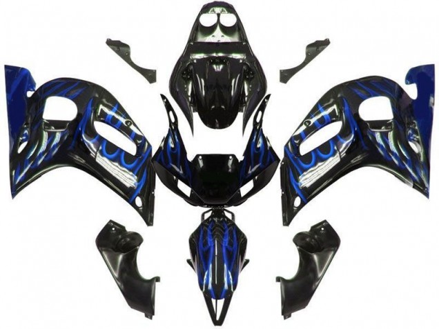 1998-2002 Yamaha YZF 600 R6 Motorcycle Fairings - Glossy Black Blue Flame