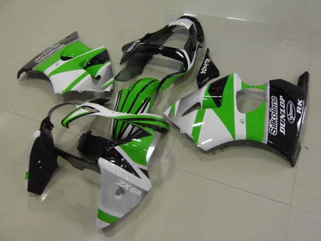 2000-2002 Kawasaki ZX6R Motorcycle Fairings - White Green Glossy Black Stripe Silkolene Dunlop