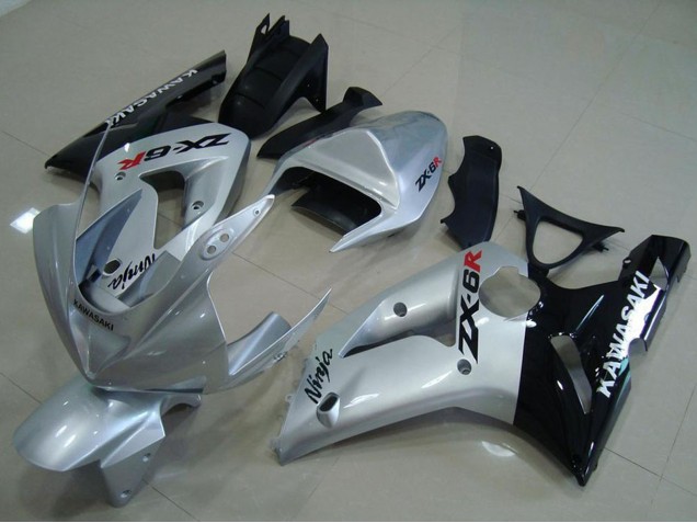 2003-2004 Kawasaki ZX6R Motorcycle Fairings - Silver Glossy Black