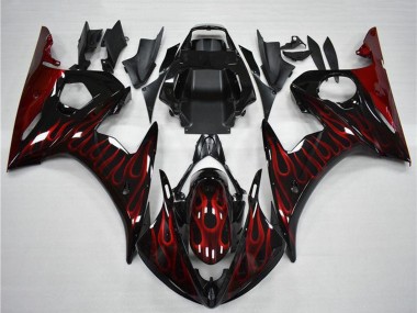 2003-2004 Yamaha YZF R6 Motorcycle Fairing - Glossy Black Red Flame
