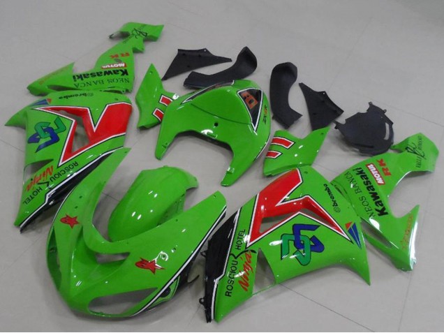 2005-2006 Kawasaki ZX6R Motorcycle Fairings - Green Red Black ENEOS Banca