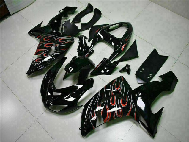 2006-2007 Kawasaki ZX10R Motorcycle Fairing Kits - Glossy Black Red Flame