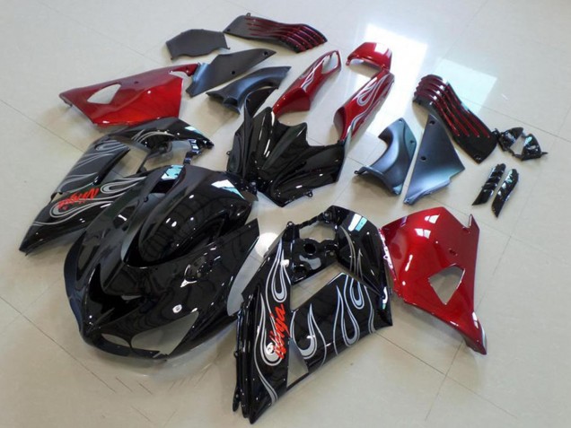 2006-2011 Kawasaki ZX14R ZZR1400 Motorcycle Fairings - Red Glossy Black Silver Flame