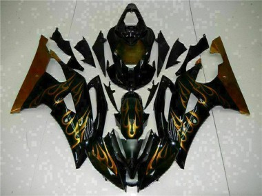 2008-2016 Yamaha YZF R6 Motorcycle Fairings - Glossy Black Gold Flame