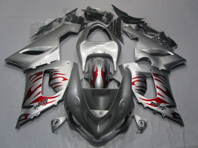 2005-2006 Kawasaki ZX6R Motorcycle Fairings - Silver Red Flame Ninja