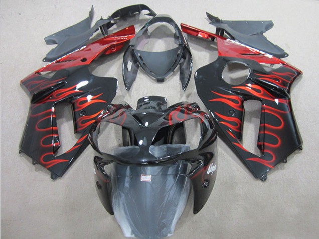 2007-2008 Kawasaki ZX6R Motorcycle Fairing - Black Red Flame