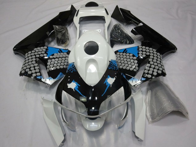 2003-2004 Honda CBR600RR Motorcycle Fairings - White Blue Glossy Black Splatter