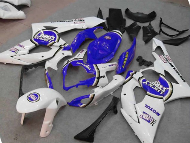 2005-2006 Suzuki GSXR 1000 Motorcycle Fairings - White Blue Lucky Strike