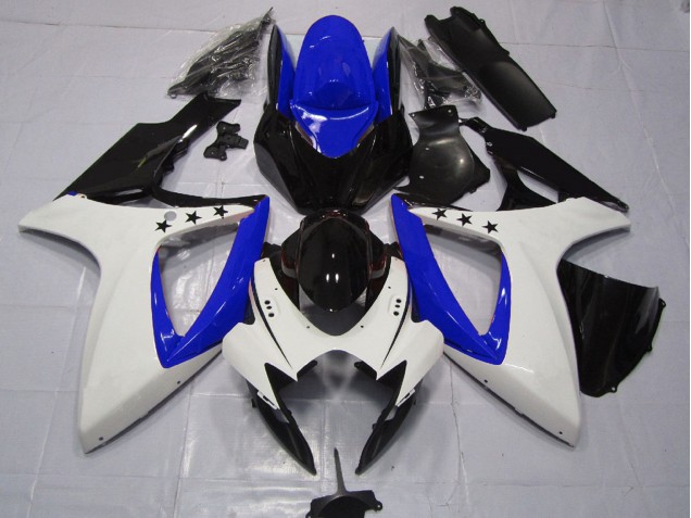 2006-2007 Suzuki GSXR 600 / GSXR 750 Motorcycle Fairings - White Blue Glossy Black Star