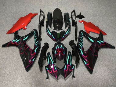 2008-2010 Suzuki GSXR 600 / GSXR 750 Motorcycle Fairings - Glossy Black Red Cyan Flame