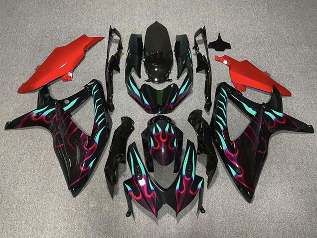 2008-2010 Suzuki GSXR 600 / GSXR 750 Motorcycle Fairings - Glossy Black Red Cyan Flame