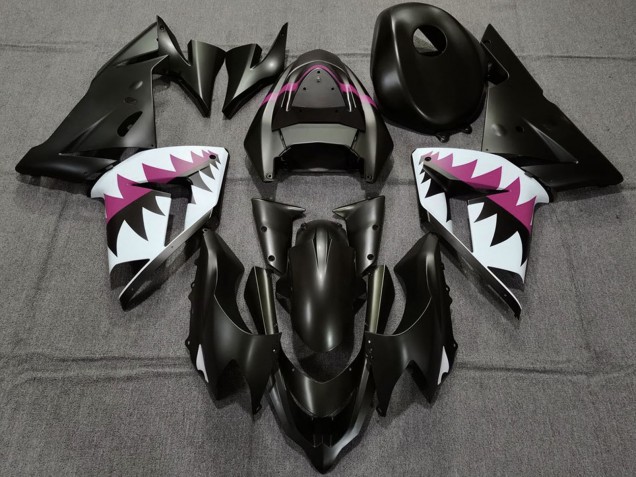 2004-2005 Kawasaki ZX10R Motorcycle Fairings - Matte Black and Pink Shark