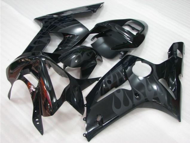 2003-2004 Kawasaki ZX6R Motorcycle Fairings - Glossy Black Grey Flame