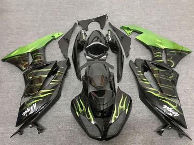 2009-2012 Kawasaki ZX6R Motorcycle Fairings - Glossy Black Green Flame