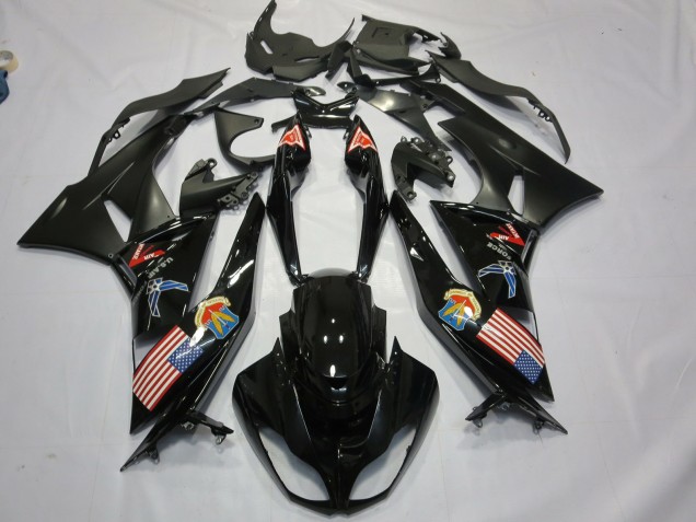 2009-2012 Kawasaki ZX6R Motorcycle Fairings - Glossy Black Matte Black American Flag