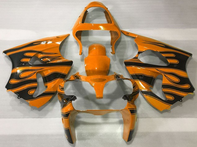 2000-2002 Kawasaki ZX6R Motorcycle Fairings - Orange Black Flame