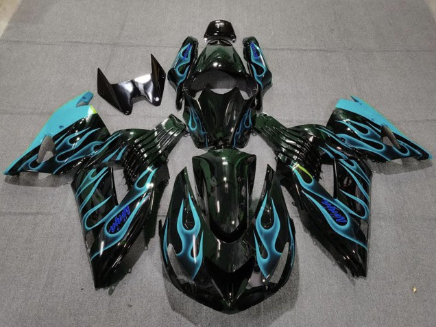 2006-2011 Kawasaki ZX14R Motorcycle Fairings - Glossy Black Light Blue Flame