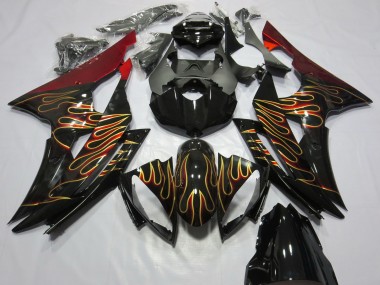 2008-2016 Yamaha R6 Motorcycle Fairings - Red Glossy Black Gold Flame