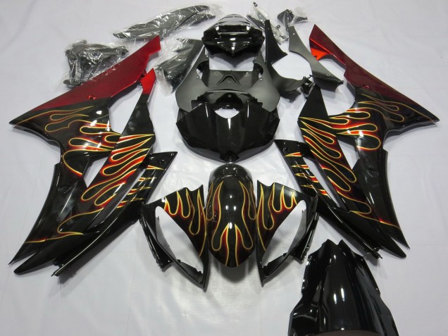 2008-2016 Yamaha R6 Motorcycle Fairings - Red Glossy Black Gold Flame