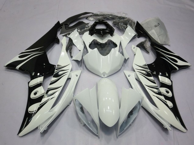 2008-2016 Yamaha R6 Motorcycle Fairings - White Glossy Black Flame