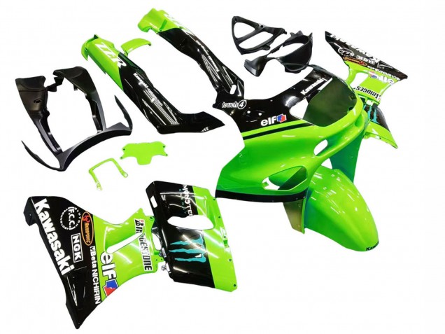 1998-2003 Kawasaki ZZR600 Motorcycle Fairings - Green Glossy Black Blue Monster Elf Touch4 Bridgestone