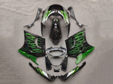 1993-2003 Kawasaki ZZR1100 Motorcycle Fairings - Glossy Black Green Flame