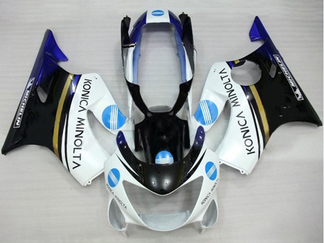 1999-2000 Honda CBR600 F4 Motorcycle Fairings - White Blue Glossy Black Konica Minolta