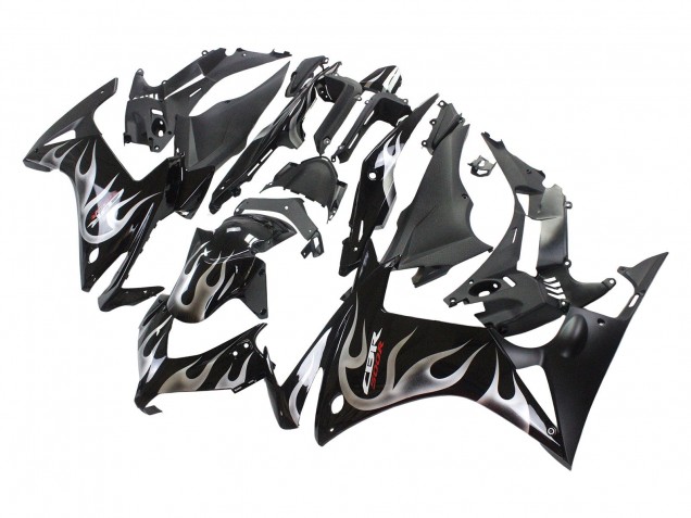 2013-2015 Honda CBR500R Motorcycle Fairings - Glossy Black Silver Flame