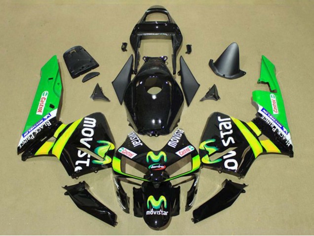 2003-2004 Honda CBR600RR Motorcycle Fairings - Glossy Black Yellow Green MoviStar Castrol