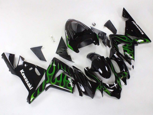 2004-2005 Kawasaki ZX10R Motorcycle Fairings - Black with Green Flame Ninja