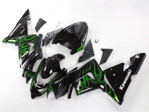 2004-2005 Kawasaki ZX10R Motorcycle Fairings - Black with Green Flame Ninja