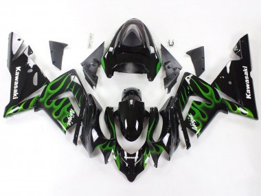 2004-2005 Kawasaki ZX10R Motorcycle Fairings - Black with Green Flame Ninja