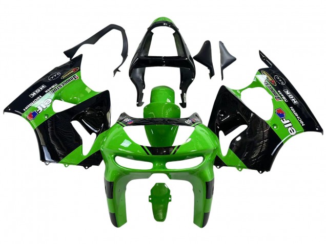 1998-1999 Kawasaki ZX6R Motorcycle Fairings - Green Glossy Black Elf Bridgestone