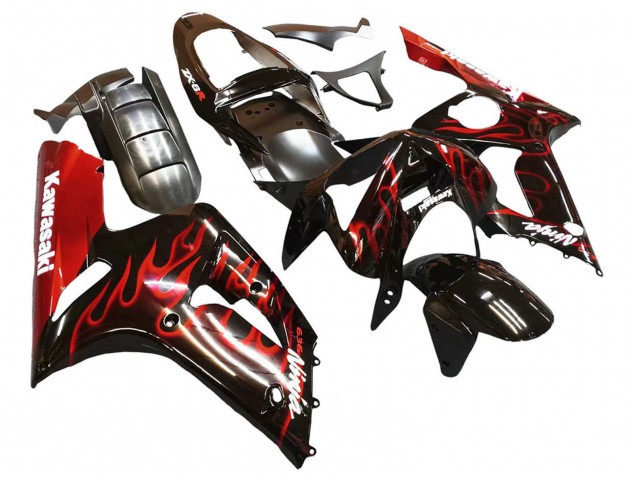 2003-2004 Kawasaki ZX6R Motorcycle Fairings - Glossy Black Red Flame