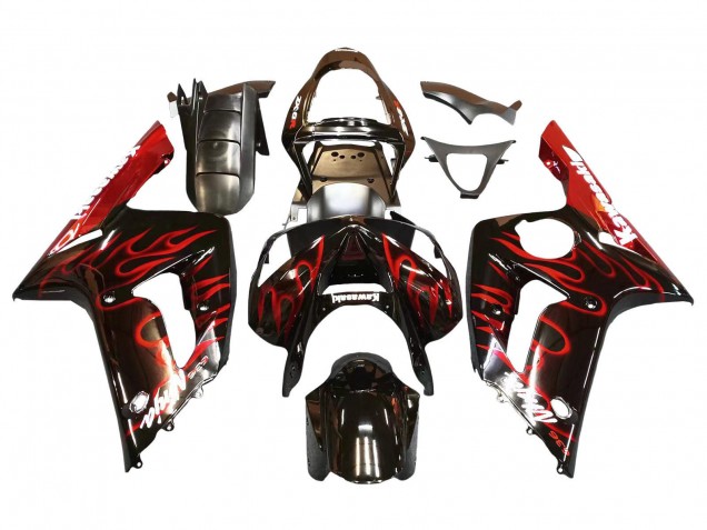 2003-2004 Kawasaki ZX6R Motorcycle Fairings - Glossy Black Red Flame