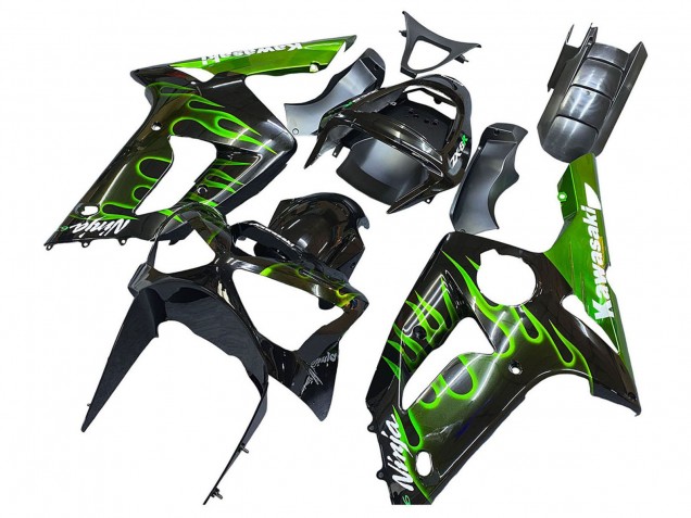 2003-2004 Kawasaki ZX6R Motorcycle Fairings - Glossy Black Green Flame