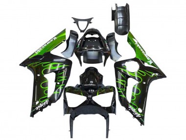 2003-2004 Kawasaki ZX6R Motorcycle Fairings - Glossy Black Green Flame