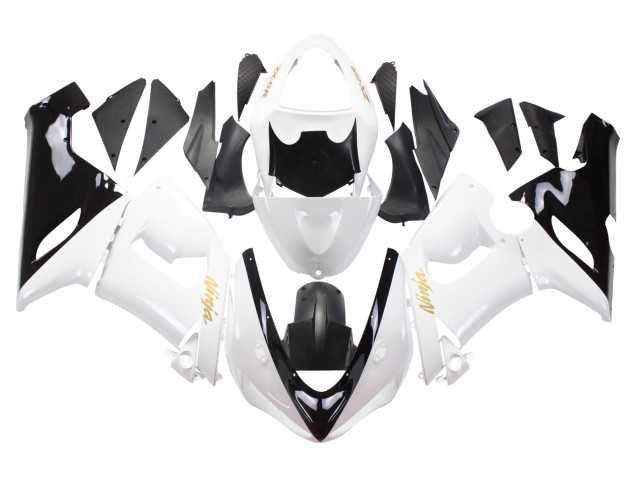 2005-2006 Kawasaki ZX6R Motorcycle Fairings - White Black Gold Ninja