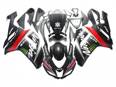 2007-2008 Kawasaki ZX6R Motorcycle Fairings - Black White Red with White Snow Decal Ninja Elf
