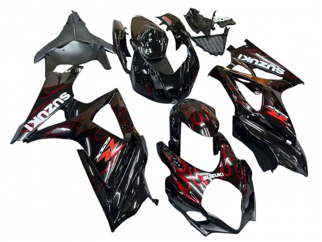 2007-2008 Suzuki GSXR 1000 Motorcycle Fairings - Black Red Flame