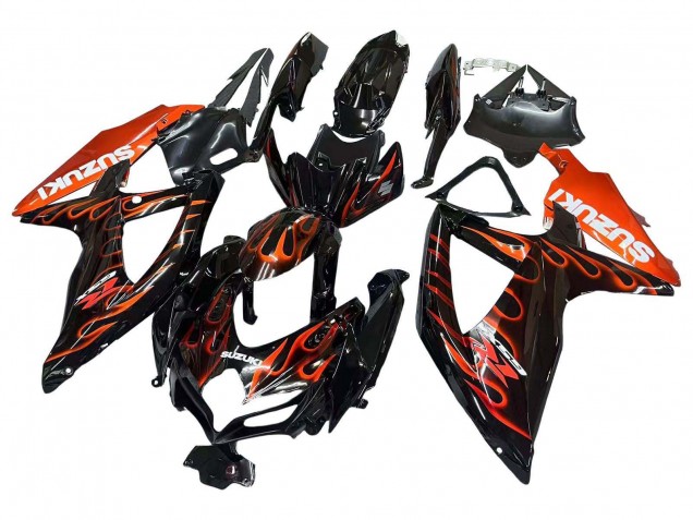 2008-2010 Suzuki GSXR 600 / GSXR 750 Motorcycle Fairings - Glossy Black Orange Flame