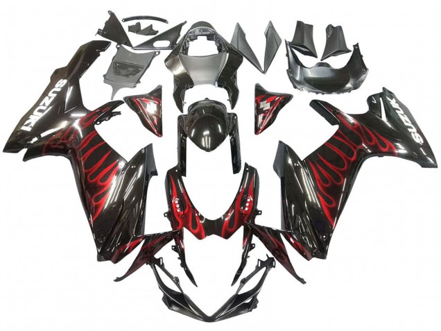 2011-2024 Suzuki GSXR 600 / GSXR 750 Motorcycle Fairings - Glossy Black Red Flame