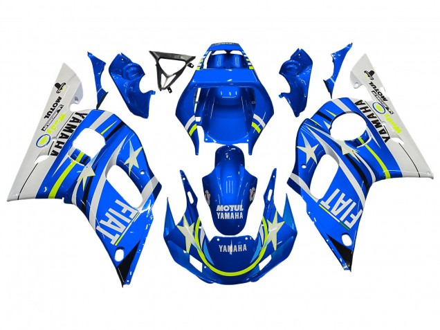 1998-2002 Yamaha YZF 600 R6 Motorcycle Fairings - White Blue Neon Yellow Fiat Motul Michelin