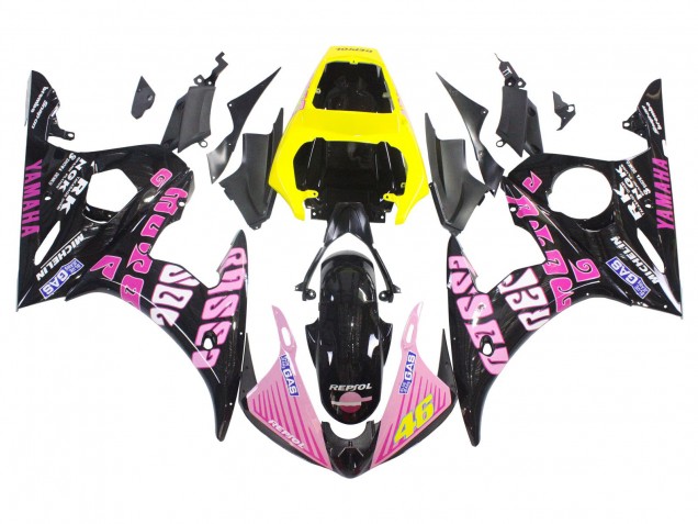 2006-2009 Yamaha YZF R6S Motorcycle Fairings - Yellow Pink Glossy Black Rossi Repsol 46