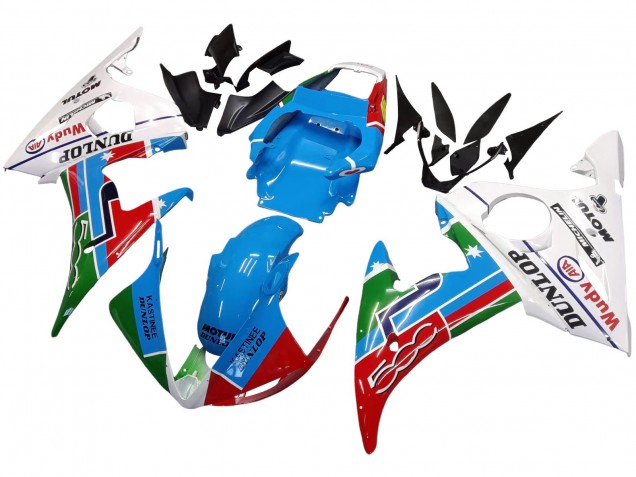 2005 Yamaha YZF 600 R6 Motorcycle Fairings - Light Blue White Green Red Kastinee Dunlop Motul