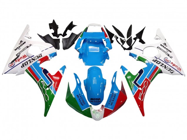 2005 Yamaha YZF 600 R6 Motorcycle Fairings - Light Blue White Green Red Kastinee Dunlop Motul