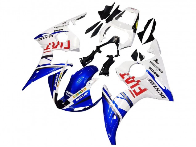 2005 Yamaha YZF 600 R6 Motorcycle Fairings - White Blue Dunlop Fiat Motul