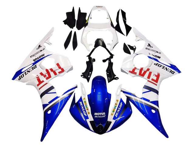 2005 Yamaha YZF 600 R6 Motorcycle Fairings - White Blue Dunlop Fiat Motul