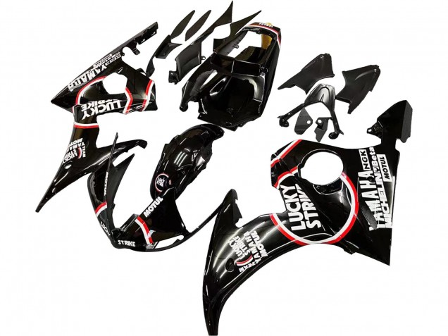 2005 Yamaha YZF 600 R6 Motorcycle Fairings - Glossy Black White Lucky Strike Motul