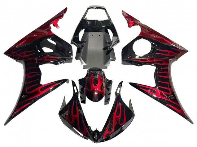 2005 Yamaha YZF 600 R6 Motorcycle Fairings - Black with Red Flame